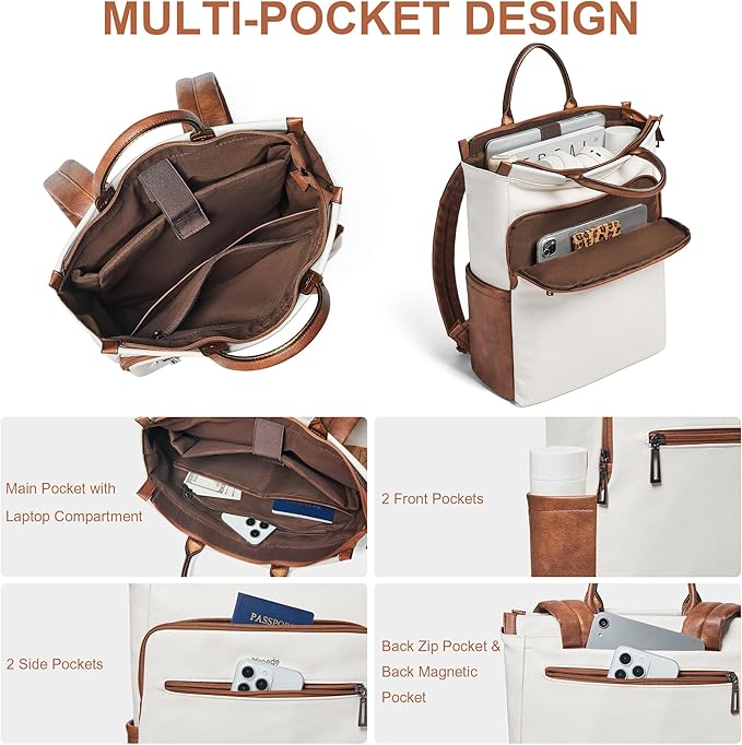 Leather Laptop Backpack for Women, Travel Backpack Purse Fits 15.6 Inch Laptop, Casual Daypack with Laptop Compartment for Teachers College Work Business Nurse Weekender, Beige Brown