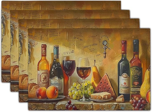 Giwawa Wine Placemats Set of 4 Vintage Style Red Wine Glasses Bottles Linen Table Place Mats Washable Non-Slip Heat Resistance 12"x18" for Kitchen Dining Farmhouse Party Decor