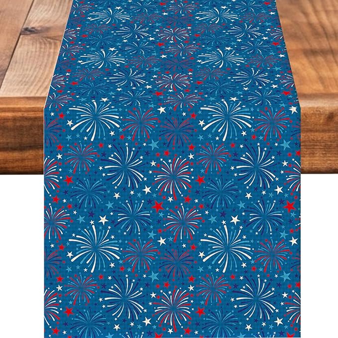 4July Blue Firework Burlap Table Runner Seasonal Spring Fall Kitchen Dining Linen Table Decoration for Indoor Outdoor Home Party Dinner 13x72 Inch