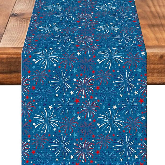 4July Blue Firework Burlap Table Runner Seasonal Spring Fall Kitchen Dining Linen Table Decoration for Indoor Outdoor Home Party Dinner 13x72 Inch