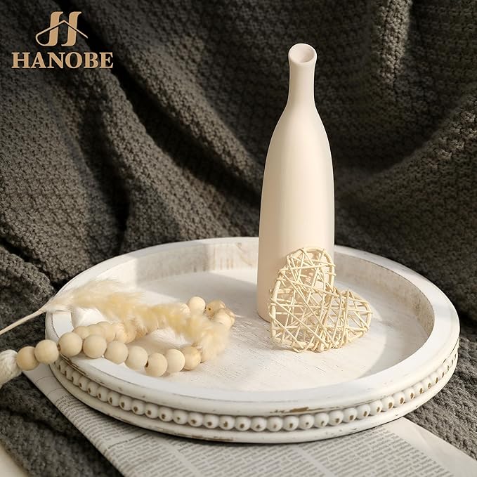 Hanobe Candle Tray Holder Decorative: Round Coffee Table Home Decor Centerpiece Boho White Serving Trays for Living Room Kitchen