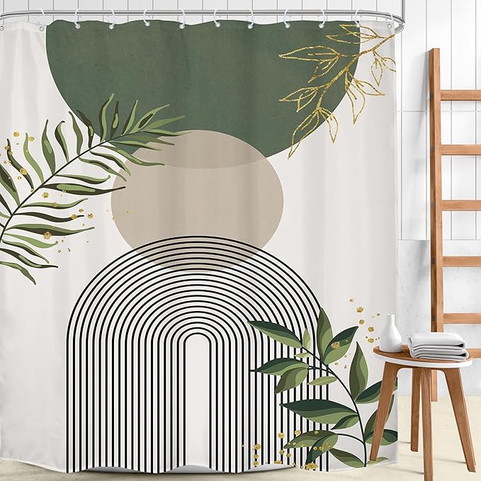 Green Boho Shower Curtain 72Wx96H Extra Long Mid Century Modern Abstract Green Gold Minimalist Leaves Sun Arch Bathroom Decor Geometric Plant Bath Curtain Fabric Polyester 12 Pack Hooks