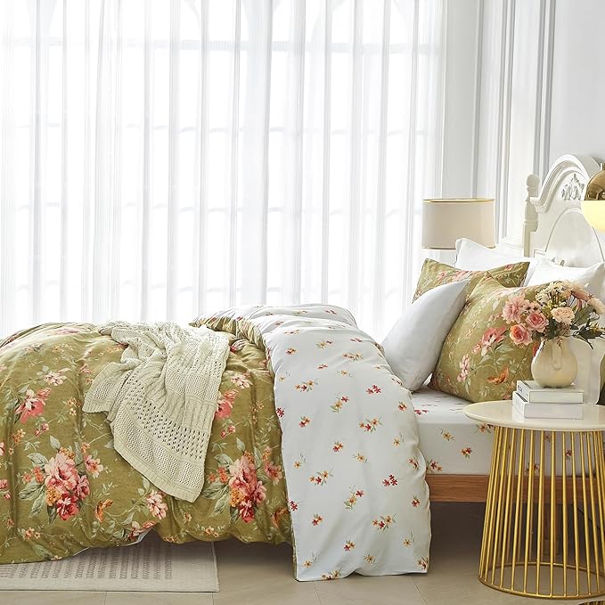 mixinni Duvet Cover Queen Size, Long Staple Cotton Reversible Green Floral Duvet Cover Set with Zipper Ties, 3 Pieces Botanical Pink Flowers and Green Branches Patterns Bedding Set