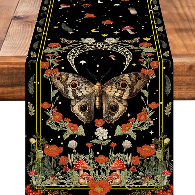 Moth Burlap Table Runner Seasonal Spring Fall Kitchen Dining Linen Table Decoration for Indoor Outdoor Home Party Dinner 13x72 Inch