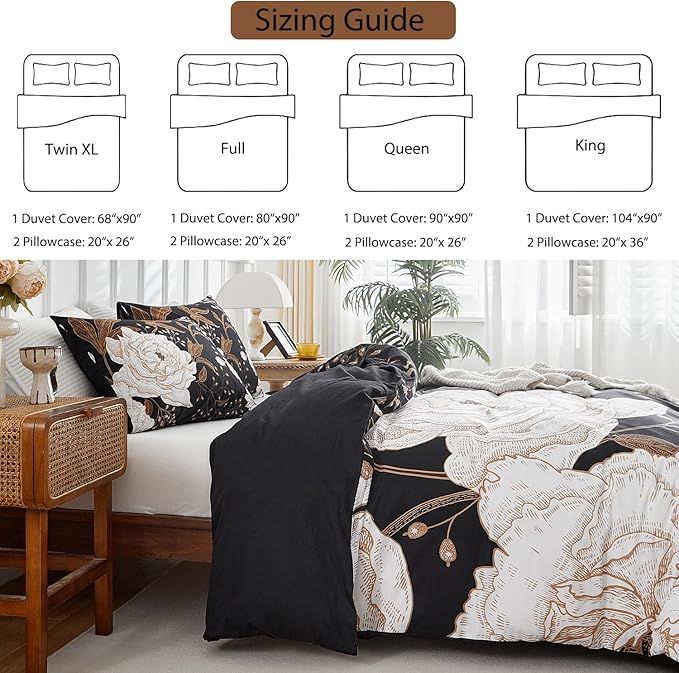 mixinni Black Floral Duvet Cover Full Size, 3 Pieces Garden Style Botanical Flowers Leaves Bedding Set, Soft Cotton Reversible Farmhouse Boho Duvet Cover and 2 Pillowcases for All Season-Full Size