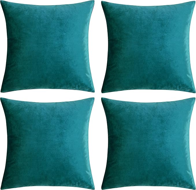 GIGIZAZA Decorative Throw Pillow Covers 18 x 18,Teal Peacock Green Soft Pillow Covers Velvet,Set of 4 Decor Square Cushion Covers