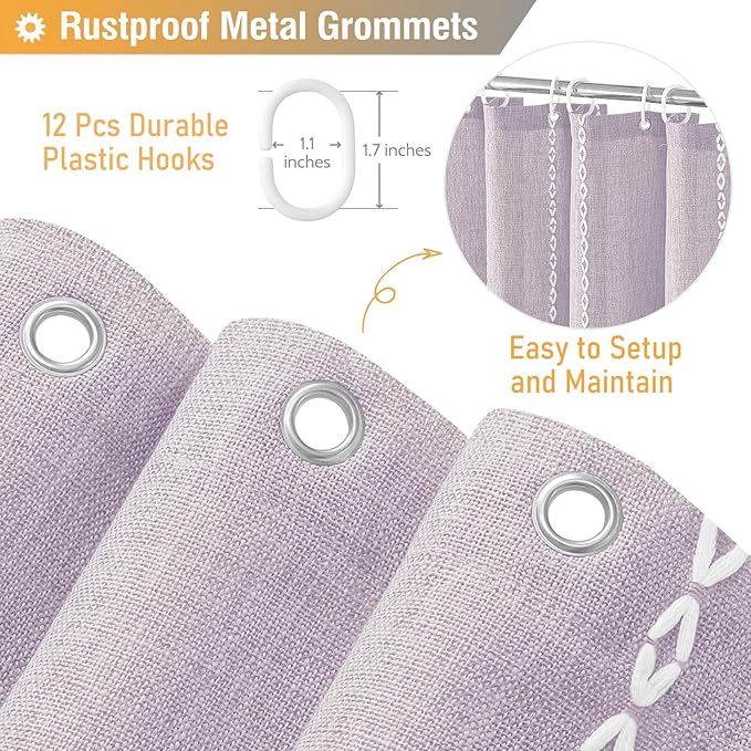 BTTN Boho Farmhouse Shower Curtain, Linen Rustic Weighted Striped Fabric with Tassel, Water Repellent, Modern Bohemian Vintage Country Cloth for Bathroom, Lavender, 72x72