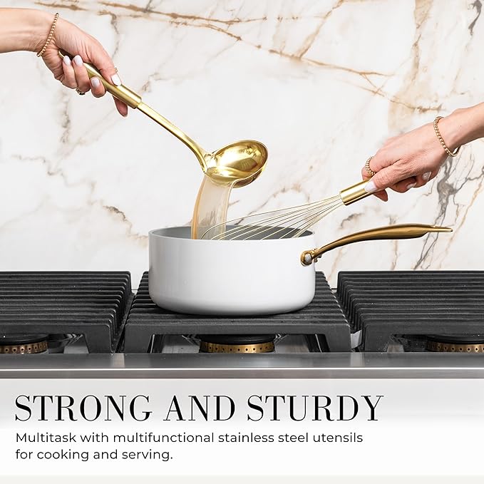 White Silicone and Gold Cooking Utensils Set with Gold Utensil Holder - 7-Piece Silicone Cooking Tools - Ideal for Nonstick Cookware and Stylish Modern Kitchens - Luxury Kitchen Accessories