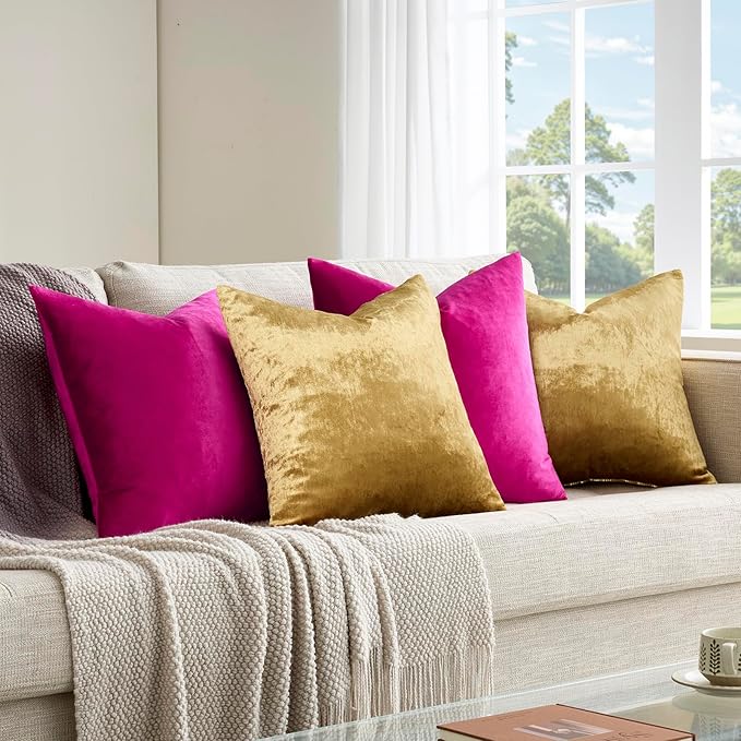 GIGIZAZA Velvet Pillow Covers 20x20,Hot Pink Gold Soft Throw Pillow Covers Set of 4 Square Decorative Modern Pillows Covers for Living Room