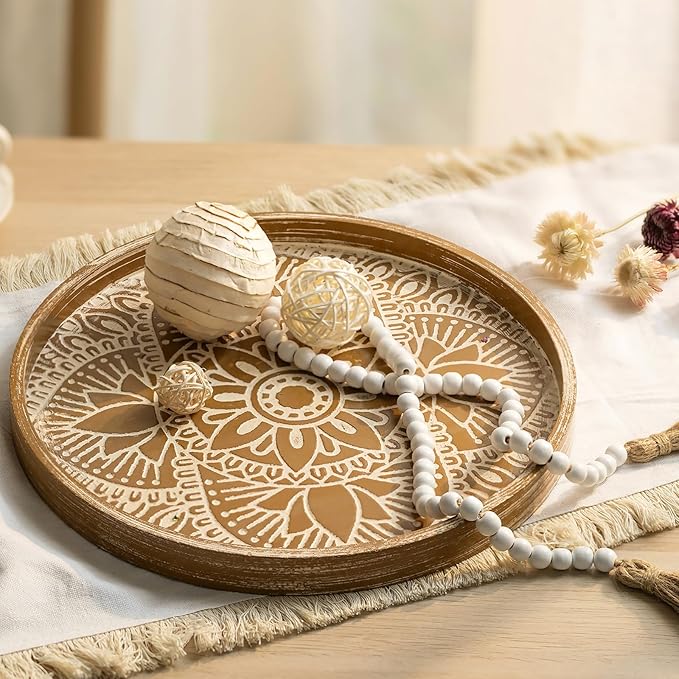 Hanobe Round Decorative Tray for Centerpiece: 2Pcs Vintage Coffee Table Trays with Boho Bead Garlandfor Home Decor - Farmhouse Wood Serving Platter Circle for Kitchen Counter Women