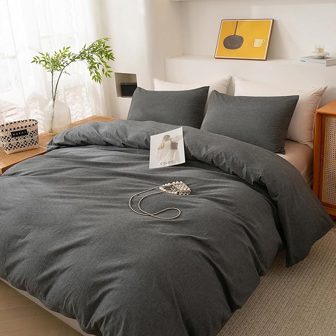 ECOCOTT Grey Duvet Cover Oversized Queen Size, 100% Washed Cotton 3-Piece Bedding Set - Ultra Soft, Breathable & Easy Care with Zipper Closure and 2 Pillowcases, Luxury Hotel Quality