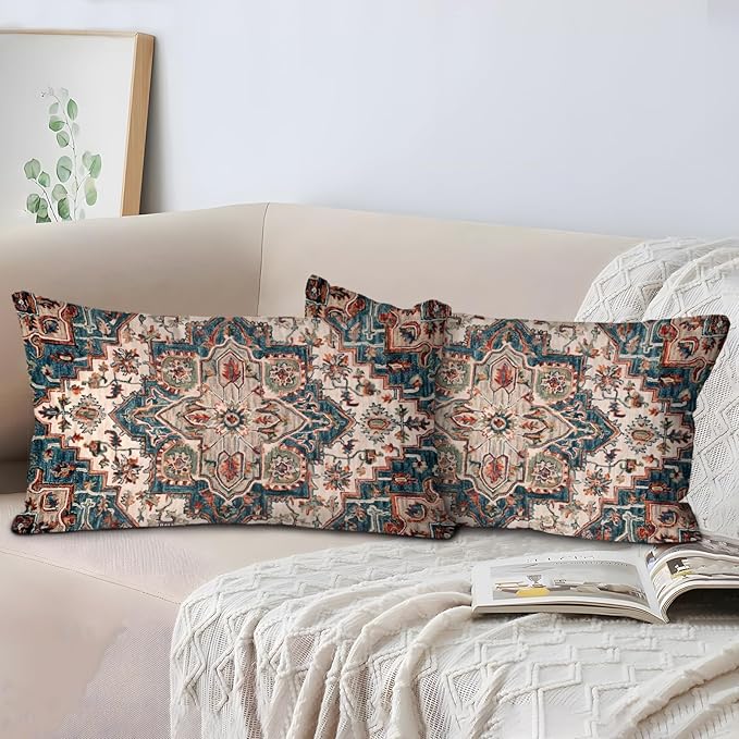 Boho Throw Pillow Covers 12x20 inch Set of 2,Boho Vintage Carpet Pattern Antique Ethnic Decor Double Sided Pattern Cushion Cover Soft Pillow Case Living Sofa Room Bed Square Pillow Cover