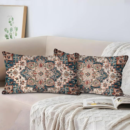Boho Throw Pillow Covers 12x20 inch Set of 2,Boho Vintage Carpet Pattern Antique Ethnic Decor Double Sided Pattern Cushion Cover Soft Pillow Case Living Sofa Room Bed Square Pillow Cover