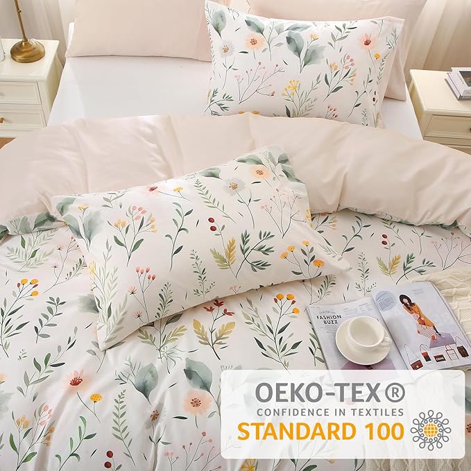 MUXHOMO Duvet Cover King Size, Reversible Floral Vintage Cover Set with Zipper Closure, 3 Pieces Botanical Patterns Soft Microfiber Bedding Set (90"x104", 2 Pillow Cases 20"×36", Garden Leaves Beige)