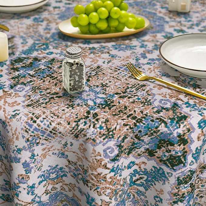 Horaldaily Boho Bohemia Style Tablecloth 70×70 Inch Round, Blue Vintage Country Rustic Farmhouse Magical Fall Orange Washable Seasonal Table Cover for Party Picnic Dinner Decor