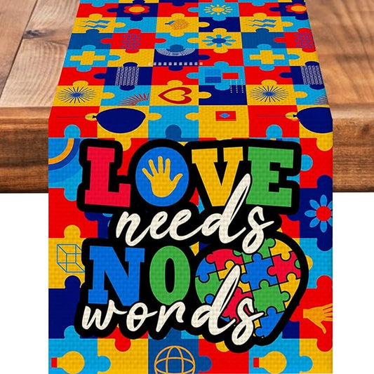 Autism Art Painting Burlap Table Runner Seasonal Spring Fall Kitchen Dining Linen Table Decoration for Indoor Outdoor Home Party Dinner 13x72 Inch