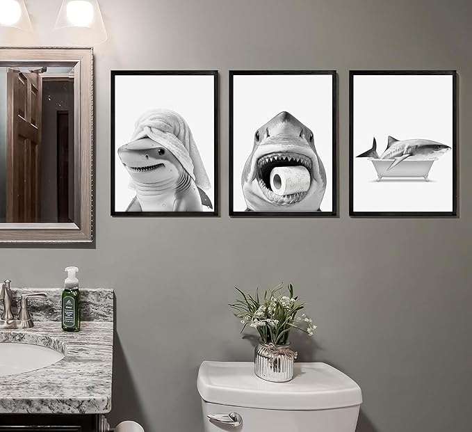 3pcs Black And White Shark Bathroom Canvas wall art Funny ocean Animal bathtub Paintings Pictures Wall Decor Modern Poster Printing Artwork for Restroom Toilet Home Decoration Unframed
