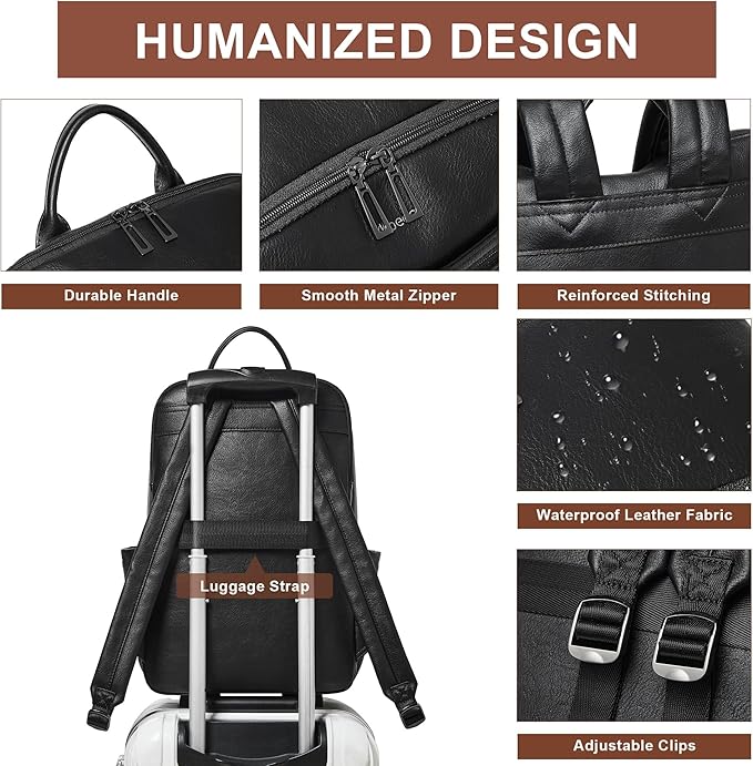 Leather Laptop Backpack for Women, 15.6" Causal Daypack Backpacks Purse Computer Backpack with Laptop Compartment for Travel Work College Business, Black