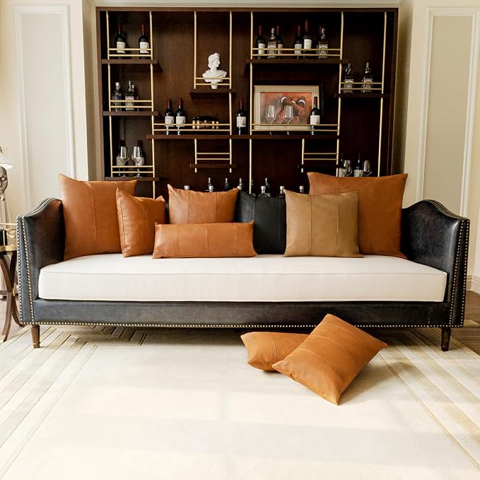 Faux Leather Throw Pillow Cover 18X18 Inch Set of 2 Brown Outdoor Modern Farmhouse Solid Decorative Pillow Covers for Room Couch Living Bedroom Bed Sofa