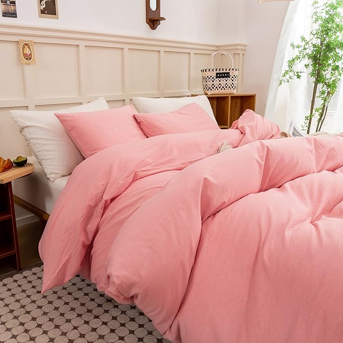 ECOCOTT Pink Duvet Cover Queen Size - Linen Feel Textured Organic Natural 100% Washed Cotton, Soft Breathable 3 Pieces Bedding Set with Zipper Closure