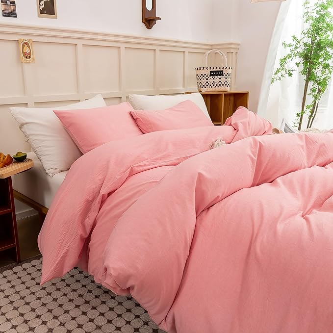 ECOCOTT Pink Duvet Cover King Size - Linen Feel Textured Organic Natural 100% Washed Cotton, Soft Breathable 3 Pieces Bedding Set with Zipper Closure