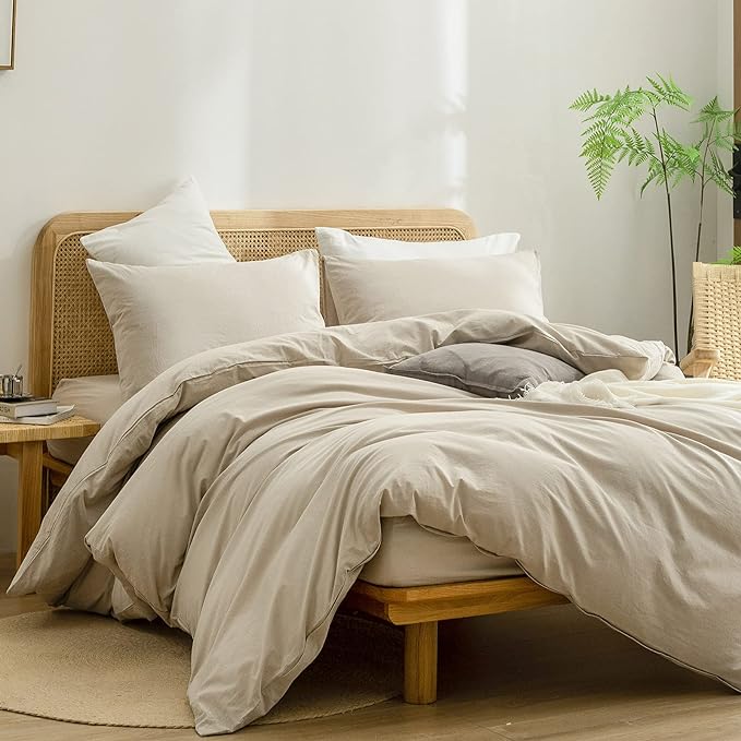 BESTOUCH Duvet Cover Set 100% Washed Cotton Linen Feel Super Soft Comfortable Chic Lightweight 3 PCs Home Bedding Set Solid Almond Milk Grey Queen