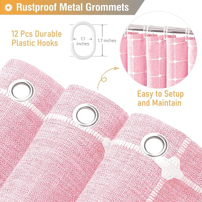 BTTN Boho Farmhouse Shower Curtain - Linen Rustic Heavy Duty Fabric Shower Curtain Set with Tassel, Water Repellent, Bohemian Vintage Country Thick Cloth Shower Curtains for Bathroom - Pink - 72x72