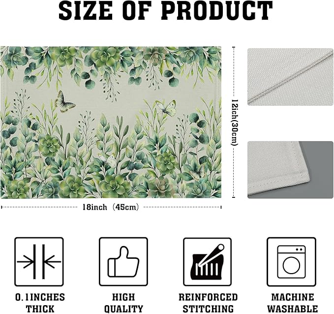 Giwawa 4PCs Spring Summer Leaf Placemats 12x18 Inch Sage Green Eucalyptus Leaves Butterflies Linen Washable Place Mat Stain Resistant Table Mats for Kitchen Dining Seasonal Decor