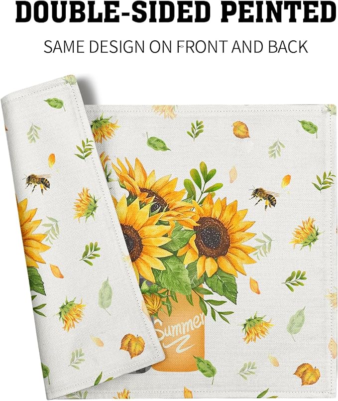 Giwawa Sunflower Vases Placemats Set of 4 Summer Bee Yellow Floral Mason Jar Place Mat 12x18 Inch Stain Heat Resistant Linen Table Mats for Kitchen Dining Seasonal Party Decor