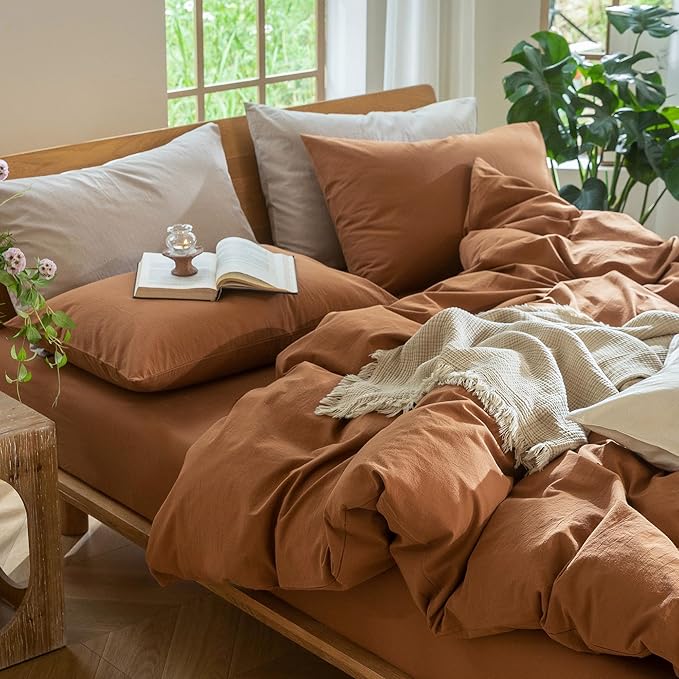 MooMee Bedding Duvet Cover Set 100% Washed Cotton Linen Like Textured Breathable Durable Soft Comfy (Solid Dark Orange, Oversized King Plus 128"x120")