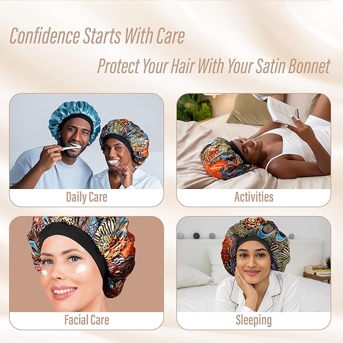 Satin Bonnet Adjustable Sleeping Silk Bonnet Black Women Men Double Layer Satin Silk Sleep Cap Hair Wrap Large Curly Hair