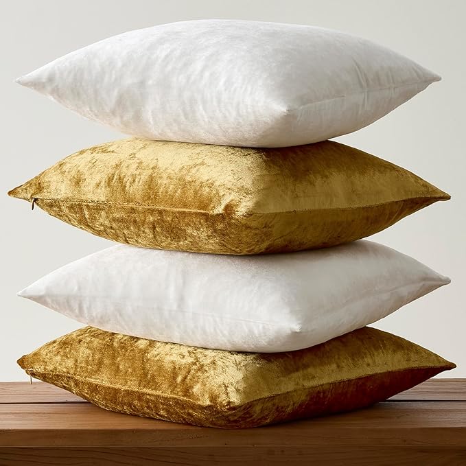 GIGIZAZA Velvet Pillow Covers 16x16,Ivory Gold Soft Throw Pillow Covers Set of 4 Square Decorative Modern Pillows Covers for Living Room