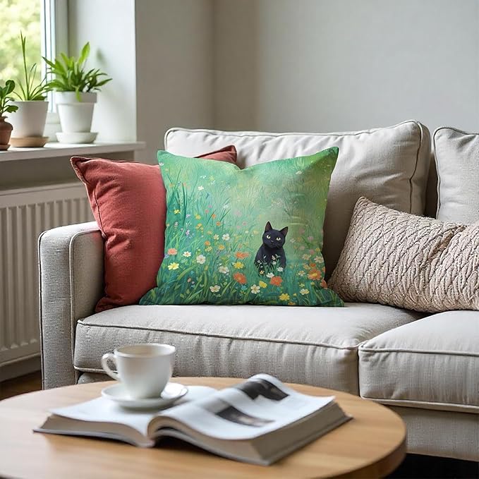 Floral Black Cat Pillow Covers 18x18, Cats Lovers Lady Gifts, Cat Gifts for Mom Mother's Day, Cats in Green Field Meadow Decorative Pillow Covers for Home Bedroom Living Room Office Decor