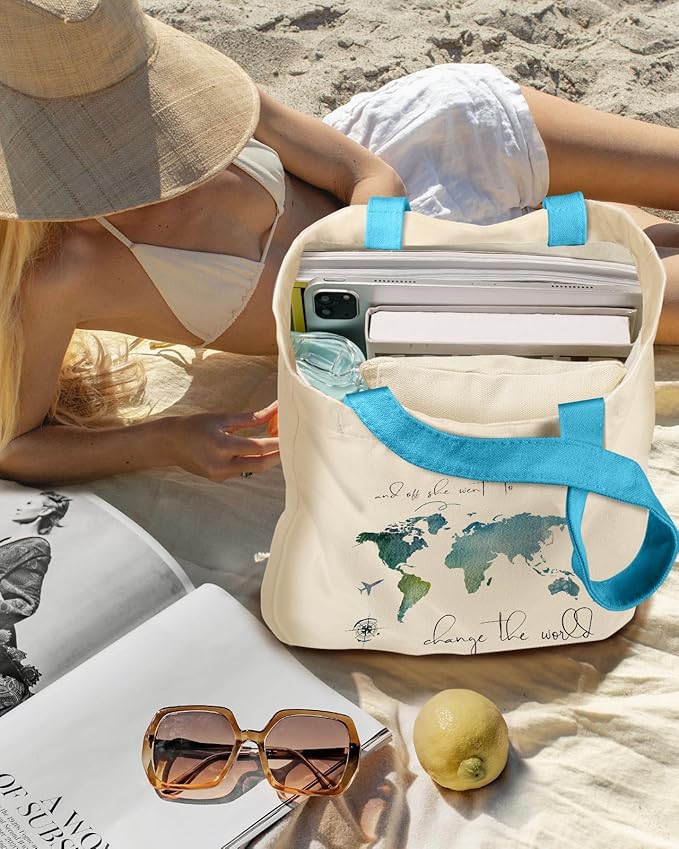 Aesthetic 2 Pack Canvas Tote Bag - with Makeup Zipper Pouch for Women Bag for Shopping, Gym, Travel, Vacation