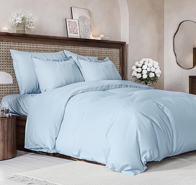 Duvet Cover King Size Set - Extra Soft King Size Duvet Cover 104 x 90 with 2 Pillow Shams - Hotel Luxury Easy Care and Fade Free w/Zipper Closures & Ties - Comfy Breathable Bedding Set (Light Blue)
