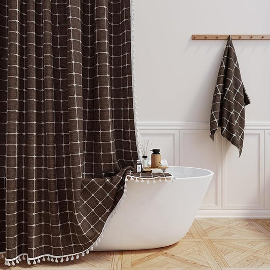 BTTN Extra Long Shower Curtain - 72x96 Inch Long Boho Chic Linen Fabric Heavy Duty Shower Curtain Set with Hooks, Tall Bohemian Farmhouse Shabby Chic Tassel Cloth Shower Curtains for Bathroom - Brown