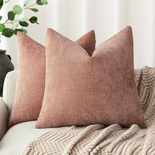 Foindtower Pack of 2 Textured Chenille Throw Decorative Pillow Covers Square Accent Solid Cushion Cover Neutral Farmhouse Pillow Case for Couch Sofa Bedroom Living Room 16x16 Inch,Dusty Pink