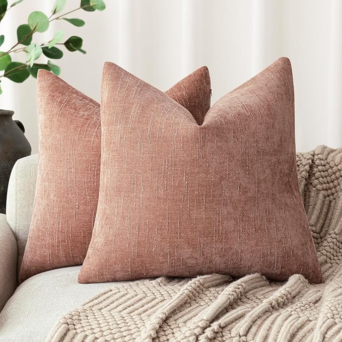 Foindtower Pack of 2 Textured Chenille Throw Decorative Pillow Covers Square Accent Solid Cushion Cover Neutral Farmhouse Pillow Case for Couch Sofa Bedroom Living Room 22x22 Inch,Dusty Pink
