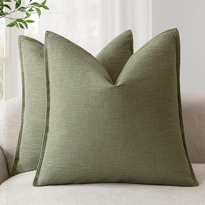 Foindtower Pack of 2, Decorative Linen Soild Throw Pillow Covers Soft Accent Cushion Case Farmhouse Neutral Pillowcase for Chair Couch Sofa Bedroom Living Room Home Decor 26x26 Inch Olive Branch Green