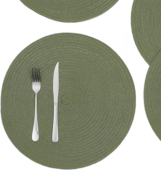 SHACOS Round Placemats Set of 6 Washable 15 inch Round Table Mats Cotton Polyester Woven Braided Place Mats for Dining Table (Olive Green, 6)