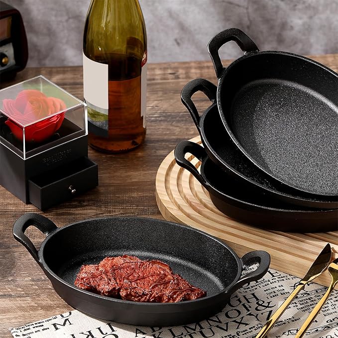 Mifoci 8 Pcs Oval Serving Dish Mini Cast Iron Skillet Cast Iron Baking Pan Sizzling Plate Matte Black Gratin Cookware for Home Restaurant Kitchen Food Service Barbecue (10.8 x 6.1 Inch)