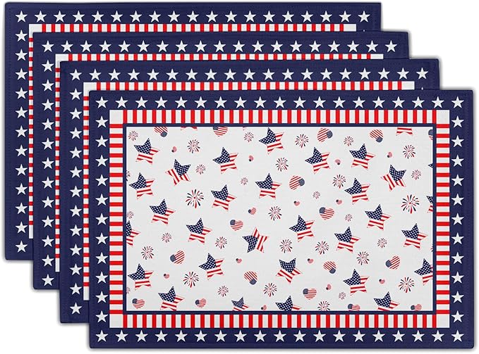 Giwawa 4th of July Placemats for Kitchen Dining, 12x18Inch Patriotic American Flag USA Stars Linen Table Place Mats Non-Slip Heat Resistance Set of 4 for Independence Day Holiday Party Decor