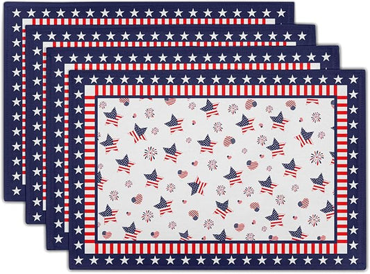 Giwawa 4th of July Placemats for Kitchen Dining, 12x18Inch Patriotic American Flag USA Stars Linen Table Place Mats Non-Slip Heat Resistance Set of 4 for Independence Day Holiday Party Decor