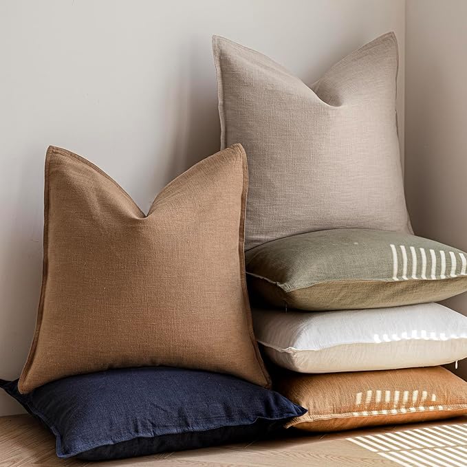 Foindtower Pack of 2, Decorative Linen Soild Throw Pillow Covers Soft Accent Cushion Case Boho Farmhouse Pillowcase for Chair Couch Sofa Bedroom Living Room Home Decor 16 x 16 Inch Light Khaki Brown