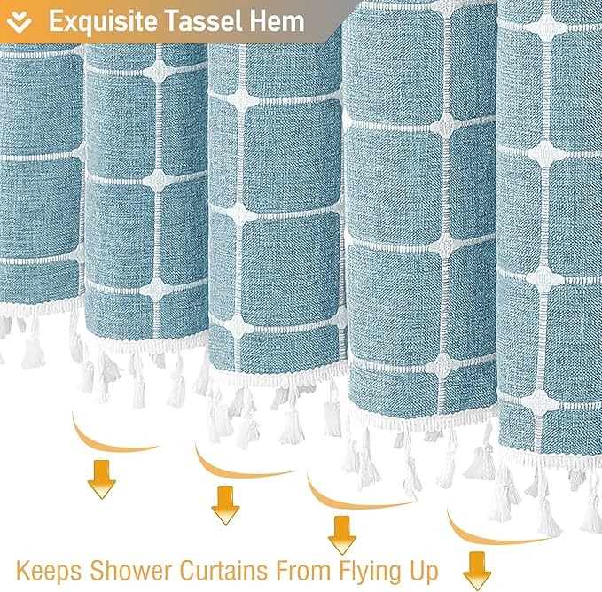 BTTN Boho Farmhouse Shower Curtain - Linen Rustic Heavy Duty Fabric Shower Curtain Set with Tassel, Water Repellent, Bohemian Vintage Country Cloth Shower Curtains for Bathroom, Teal/Turquoise, 72x72