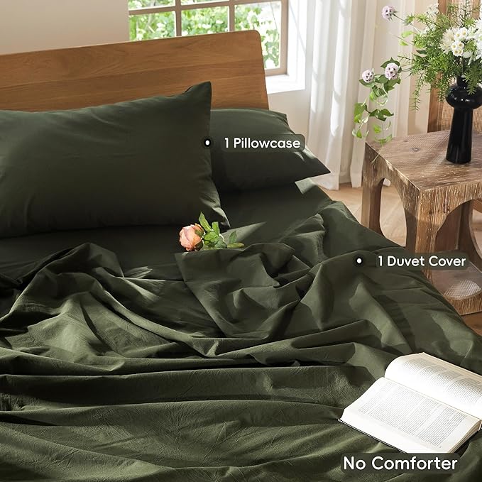 MooMee Bedding Duvet Cover Set 100% Washed Cotton Linen Like Textured Breathable Durable Soft Comfy (Solid Olive Green, Twin 68"x90")