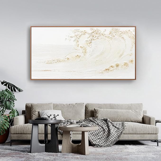 Canvas Wall Art Decor Bedroom Hand Painted White Wave With Golden Embellishments Pictures Decoration Artwork Wall Art Large Modern Painting Pictures For Living Room Home Kitchen Office 29"x58" Inch With Framed