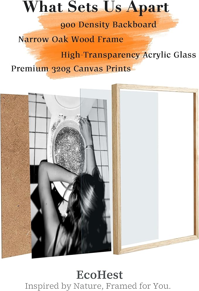 EcoHest Small Trendy After the Disco Party Framed Wall Art, 8x10 in OAK Wood Black and White Funny Bathroom Canvas Art, Teen Girl Poster College Dorm Decor, Set of 1 for Bedroom Living Room