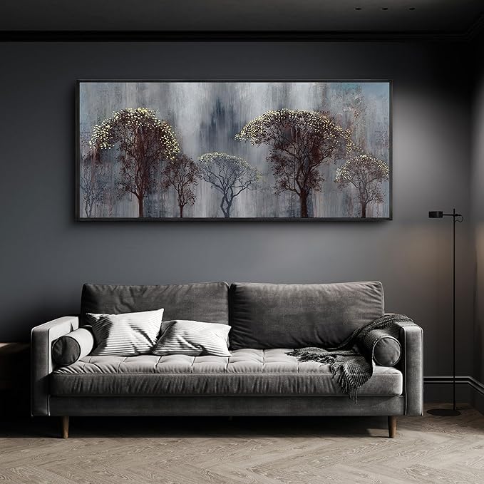KLAKLA Living Room Wall Art - Black and White Wall Decor Large Picture Landscape Black and Gold Tree Artwork for Walls Frame Canvas Bedroom Office Home Decor 70x31 Inches