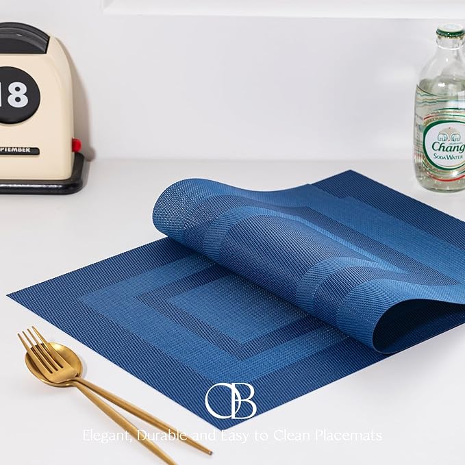 Placemats Set of 6 - Easy Clean Woven Vinyl Placemats for Dining Table, Indoor/Outdoor Place Mats, Washable PVC Table Mats（Navy Cube）